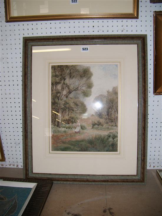 James George Bingley (1841-1920), watercolour, Wooded landscape with figure